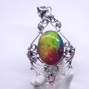 Rainbow Gemstone Pendant with Pink Accents